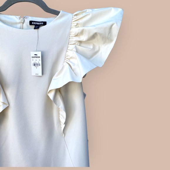NWT Express Cream Dramatic Ruffle Sleeve Lined Sheath Dress, Bridal Show… - Picture 3 of 9